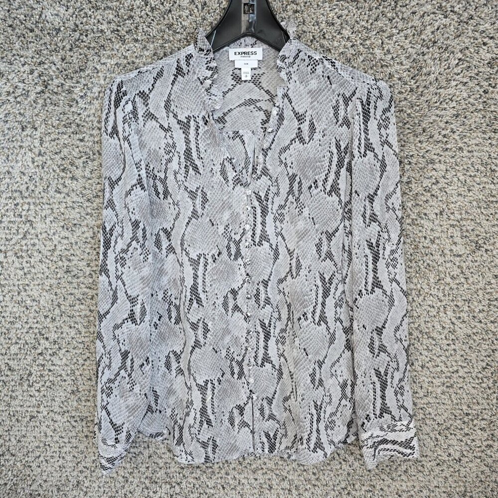 Express Top Womens Small Portofino Gray Snake Print Slim Fit Button Sheer Blouse